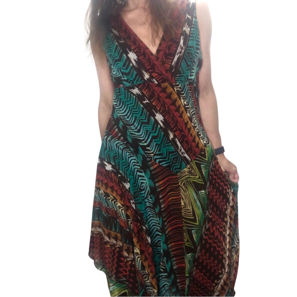 Vtg Y2K 90's Boho Babydoll Dress Sz L (12) Asymmetric Hem Abstract Flowy Retro